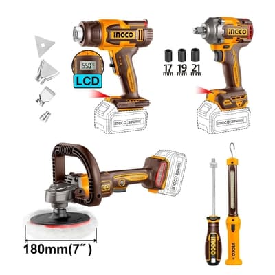 LLAVE IMPACTO 12.7 mm (1/2 in) 400 N.m + PISTOLA CALOR + PULIDORA 20 V + LINTERNA