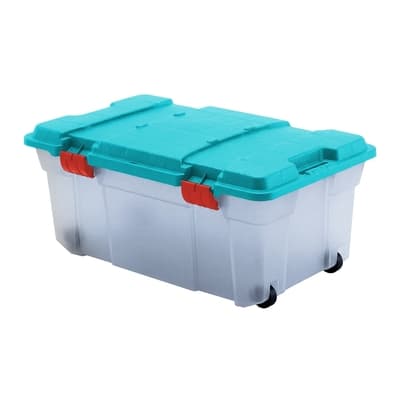 CAJA ORGANIZADORA 80 L PLASTICO CELESTE CON BISAGRA Y RODOS