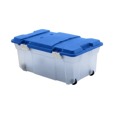 CAJA ORGANIZADORA 80 L PLASTICO AZUL CON BISAGRA Y RODOS