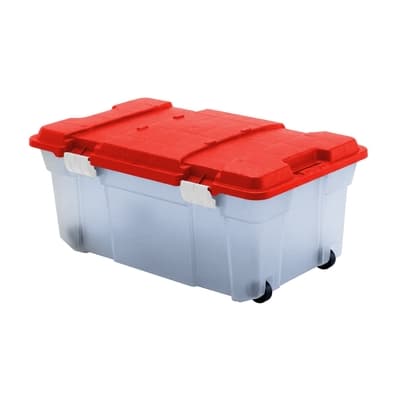 CAJA ORGANIZADORA 80 L PLASTICO ROJO CON BISAGRA Y RODOS