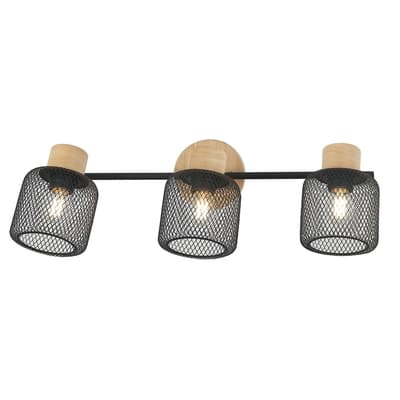 LAMPARA APLIQUE PARED 3 LUCES E26 BASE MADERA DIFUSOR METAL NEGRO
